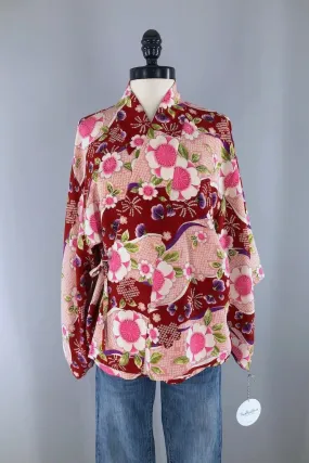 Vintage Red Floral Shibori Silk Kimono Cardigan