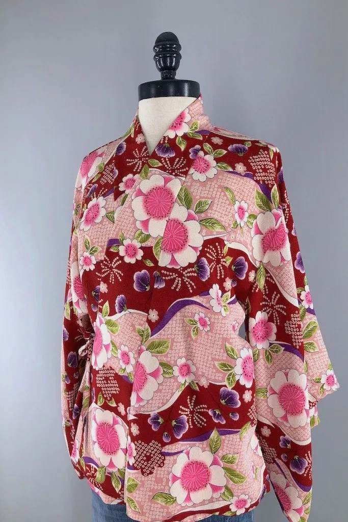 Vintage Red Floral Shibori Silk Kimono Cardigan