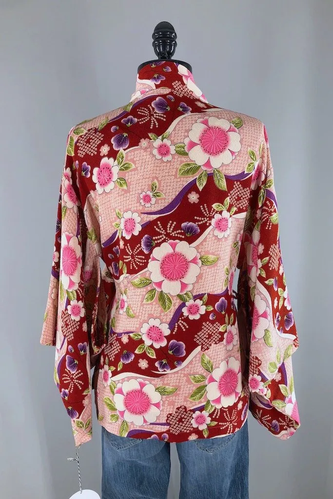 Vintage Red Floral Shibori Silk Kimono Cardigan