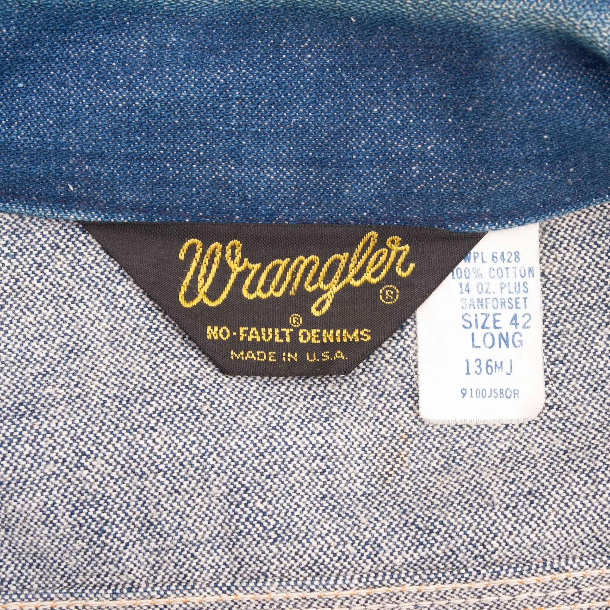 VINTAGE WRANGLER NO FAULT DENIM 136MJ JACKET 1970S 42 LONG MADE IN USA