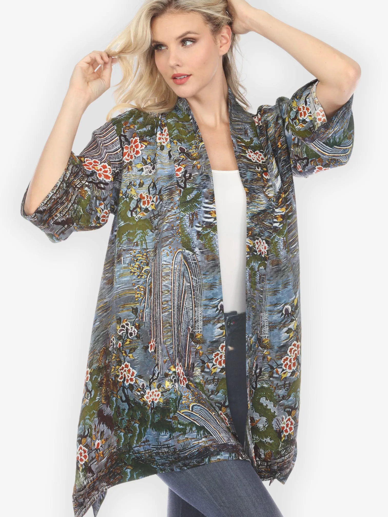 Waterfall and Flowers Silk Kimono Jacket