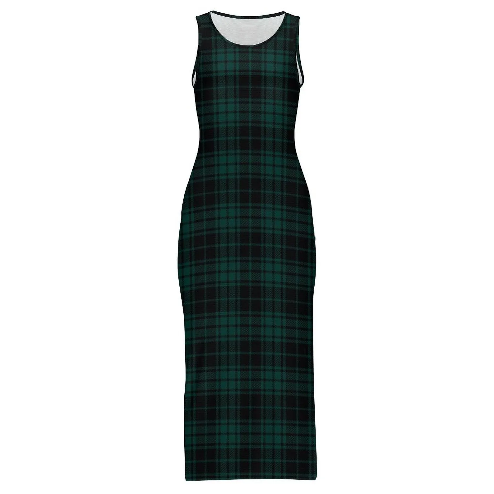 Wintergreen Plaid Sleeveless Bodycon Side Slit Long Dress Split cheongsam