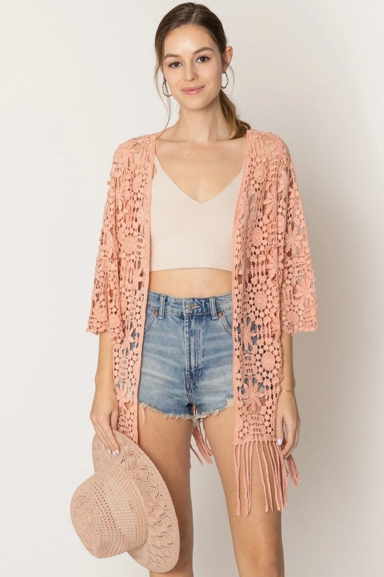 WLC410046 Eliana Crochet Kimono With Tassels