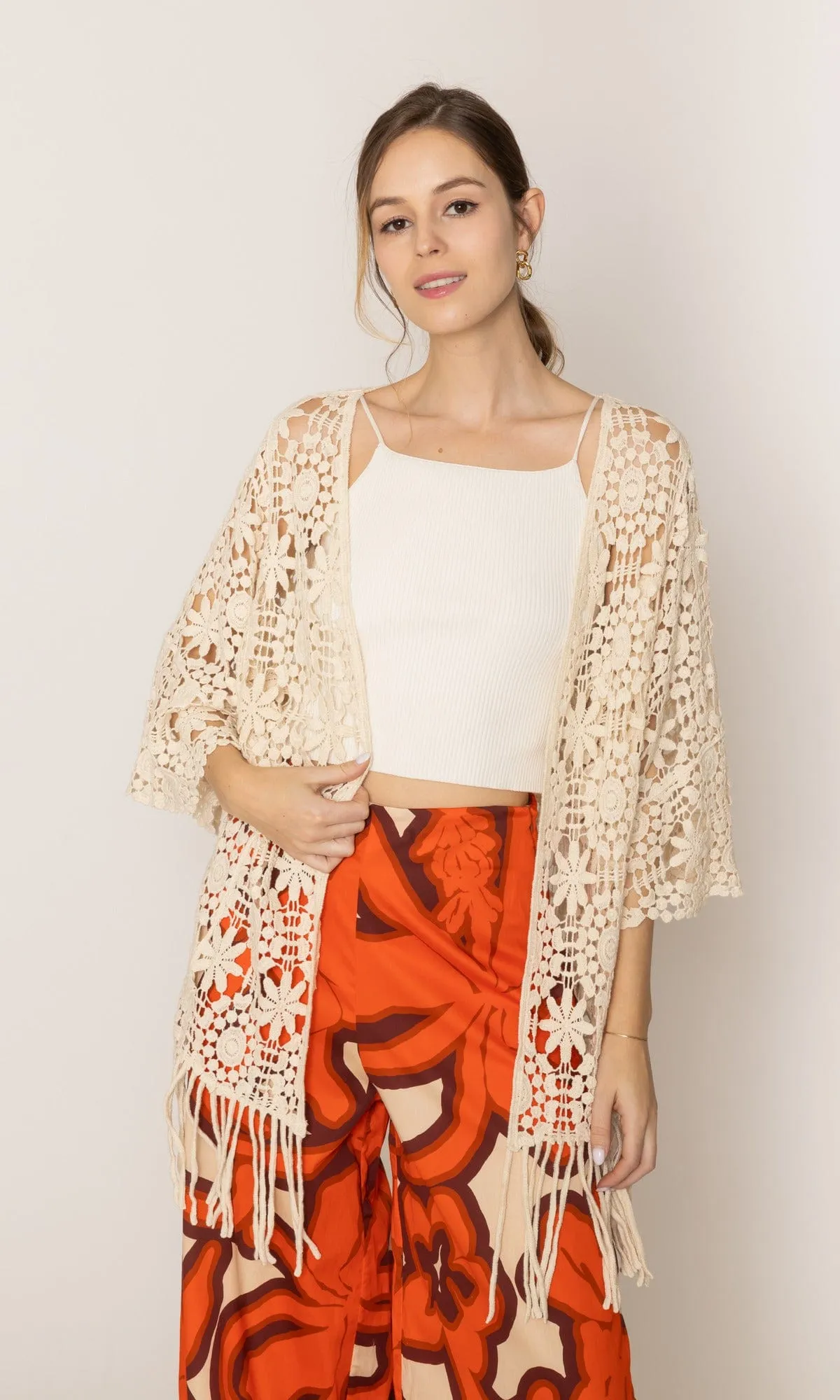 WLC410046 Eliana Crochet Kimono With Tassels