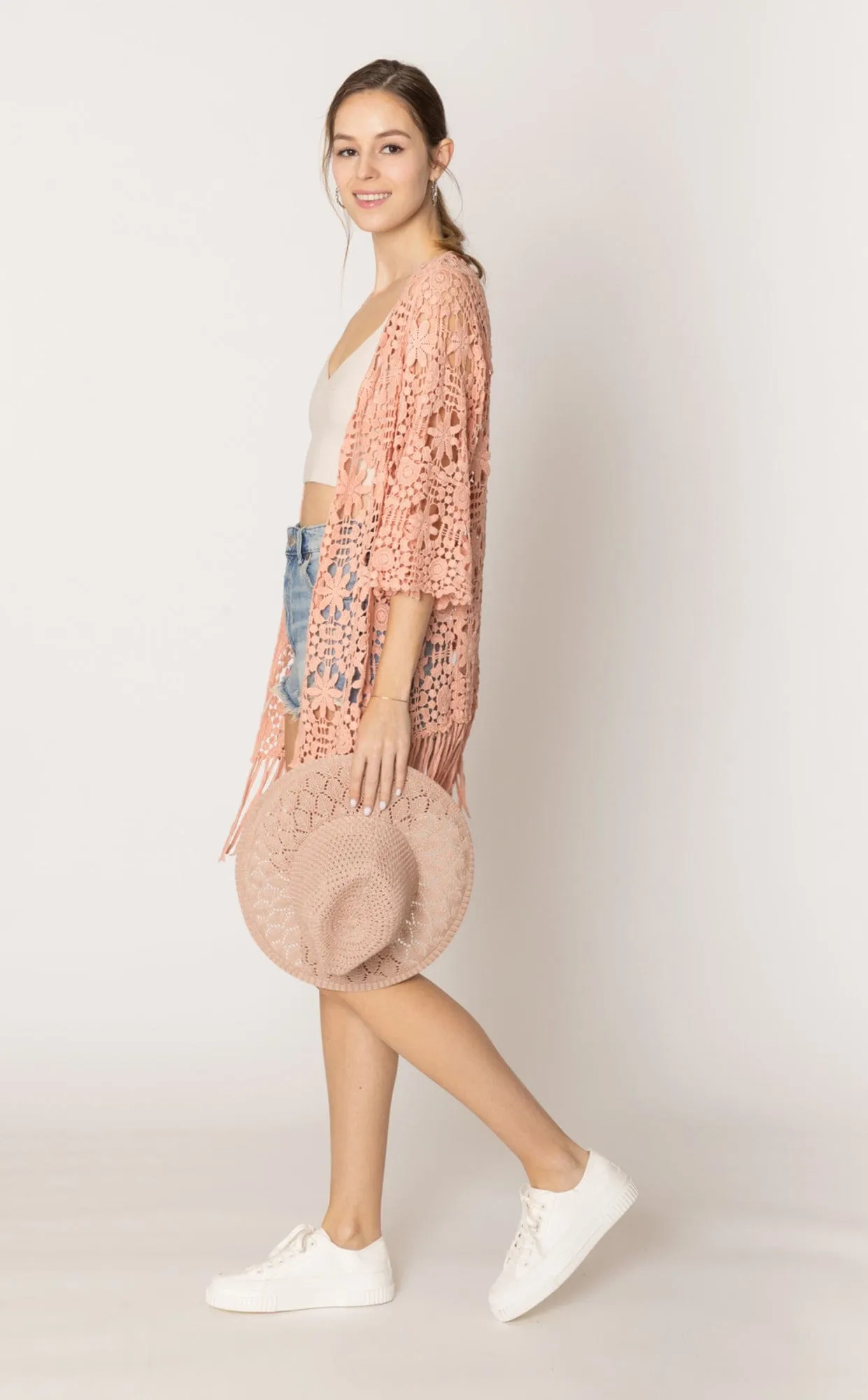 WLC410046 Eliana Crochet Kimono With Tassels