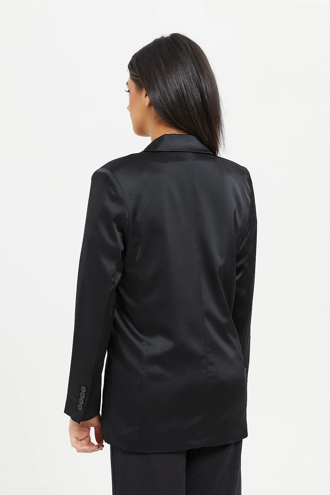 Women Black Satin Relaxed Closed Blazer