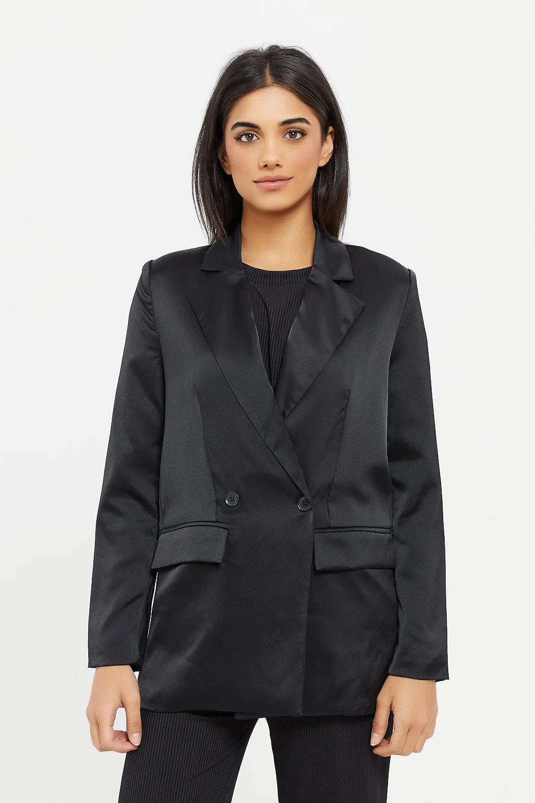 Women Black Satin Relaxed Closed Blazer