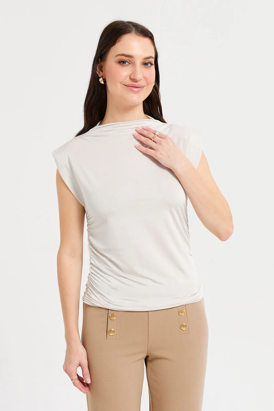 Women Gold Side Ruched Sleeveless Top