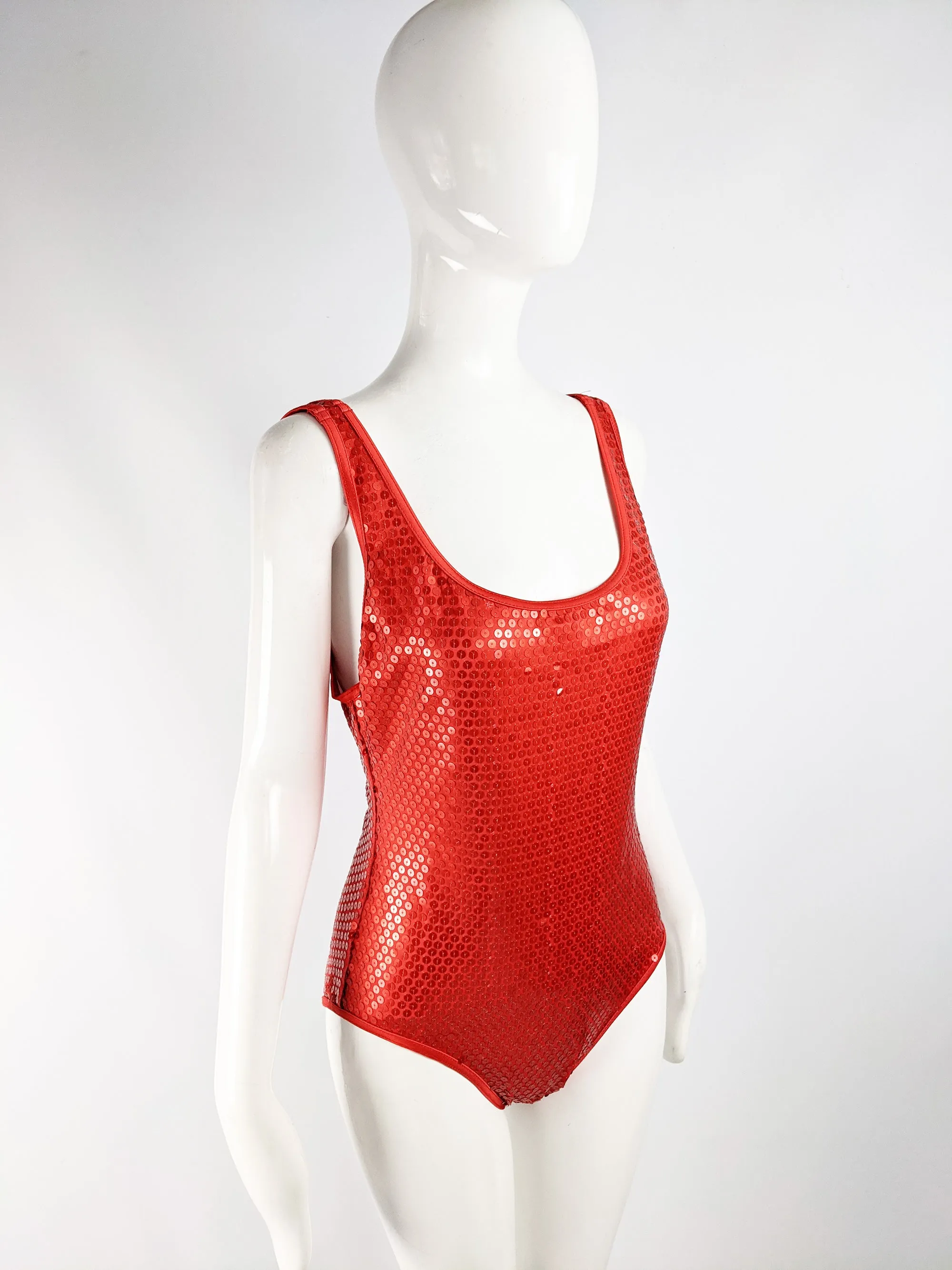 Womens Vintage Red Clear Sequin Swimsuit, 1980s