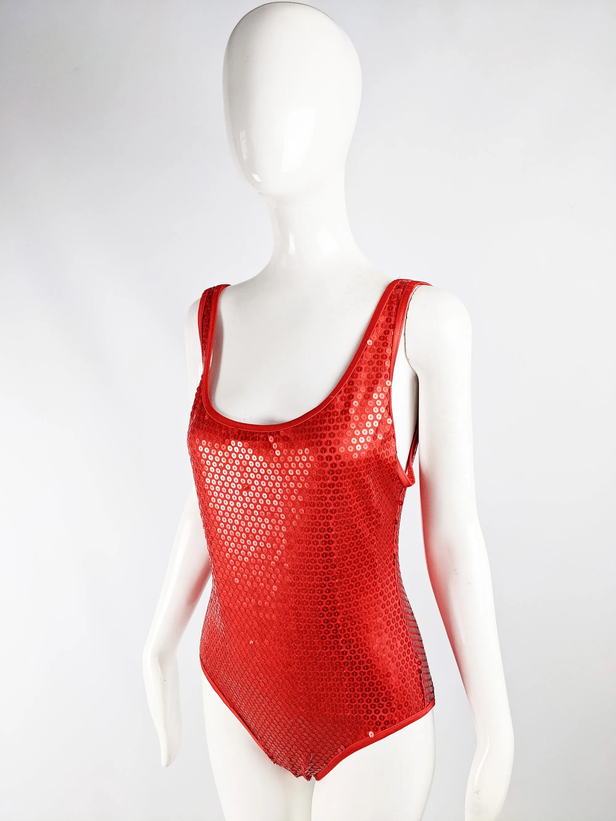 Womens Vintage Red Clear Sequin Swimsuit, 1980s