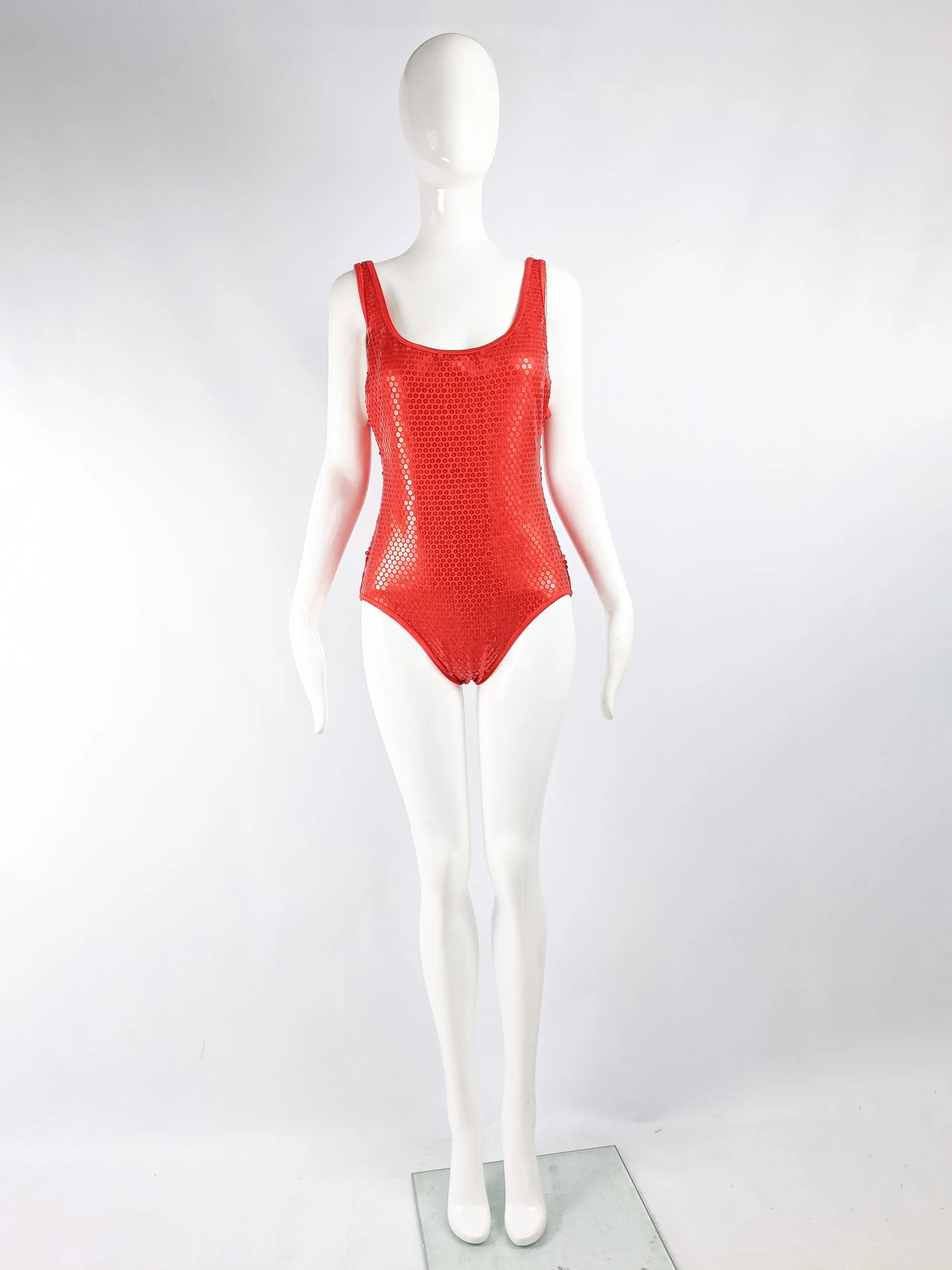 Womens Vintage Red Clear Sequin Swimsuit, 1980s