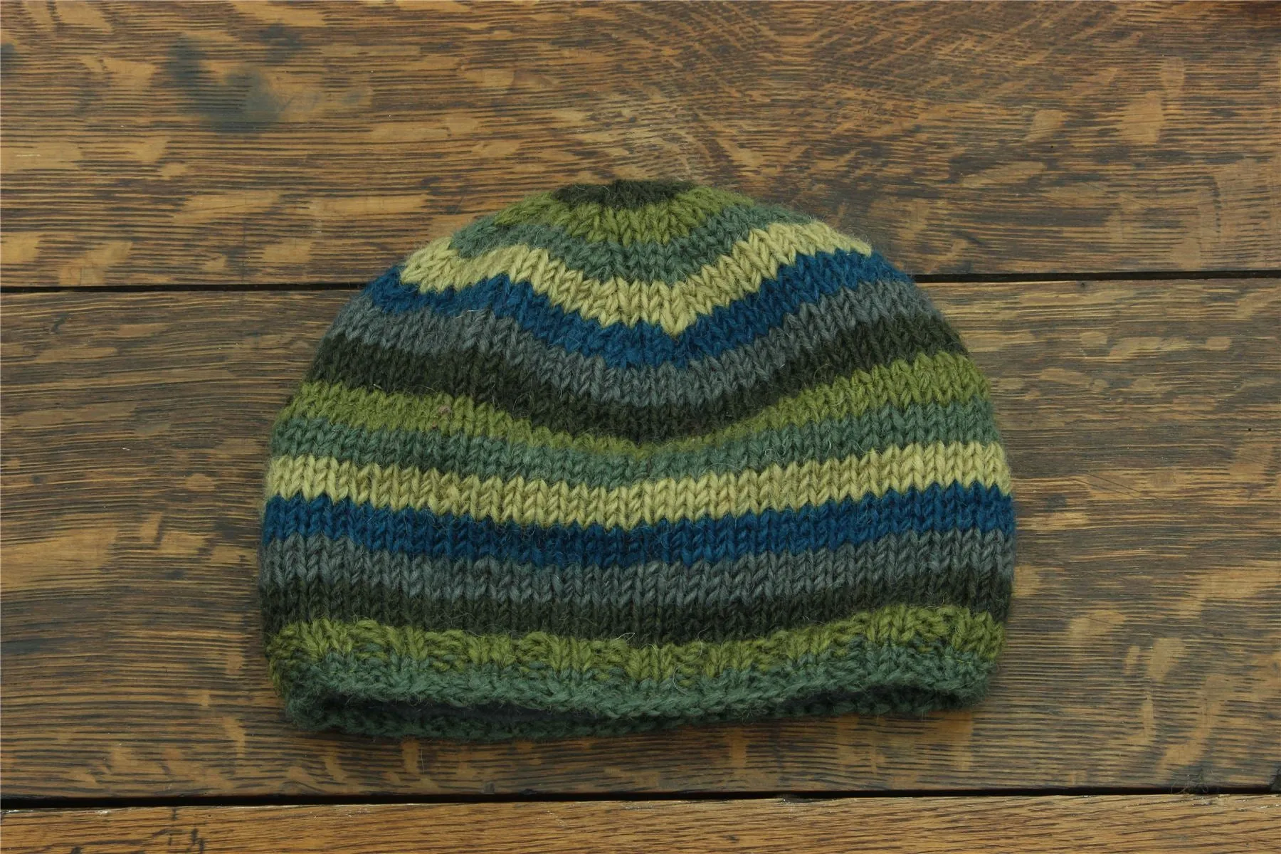 Wool Knit Beanie Hat - Stripe Green Blue