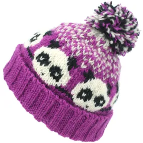 Wool Knit Bobble Beanie Hat - Panda - Pink White