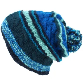 Wool Knit Bobble Beanie Hat - Stripe Blue