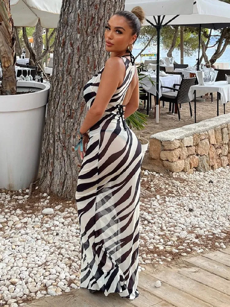 Zebra Print Beach Dress Women Bikini Cover Up Sexy Mesh See Through Long Dress Summer Fashion Cut Out Bodycon Dress