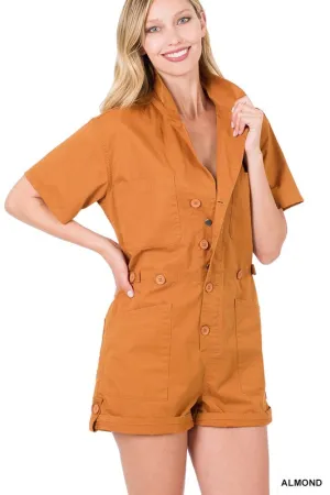 Zenana Woven Cotton Button Front Shirt Romper - Ships from The US